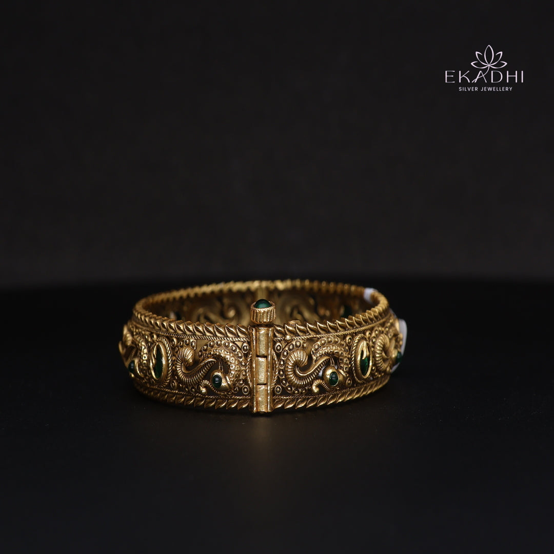 HJ15385- Nakshi CZ Silver Bangle with Traditional Motifs