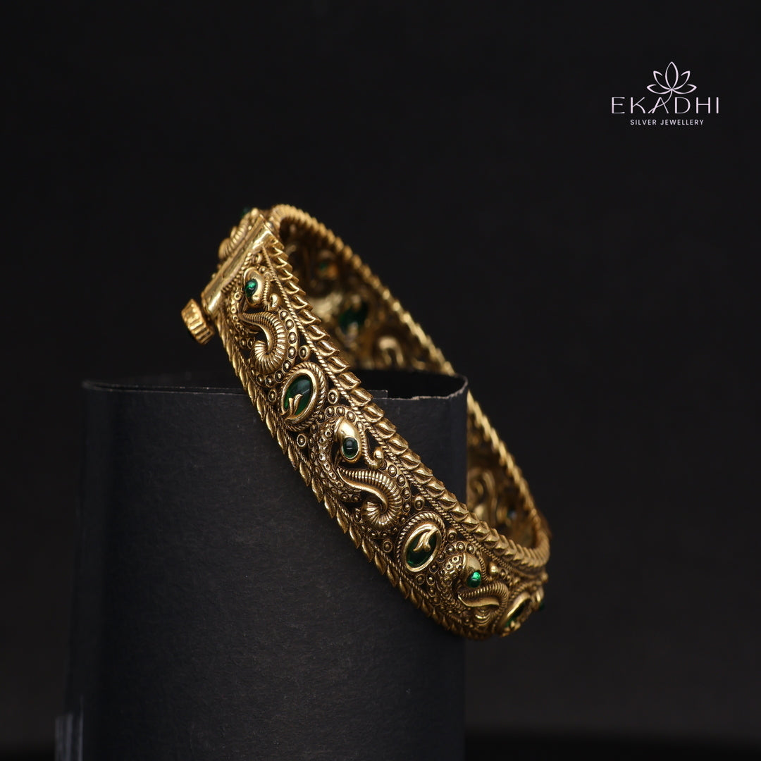 HJ15385- Nakshi CZ Silver Bangle with Traditional Motifs