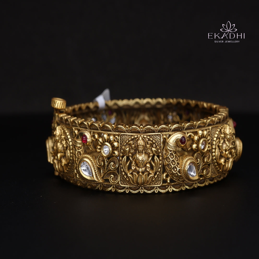 HJ15388- Nakshi CZ Silver Bangle with Traditional Motifs