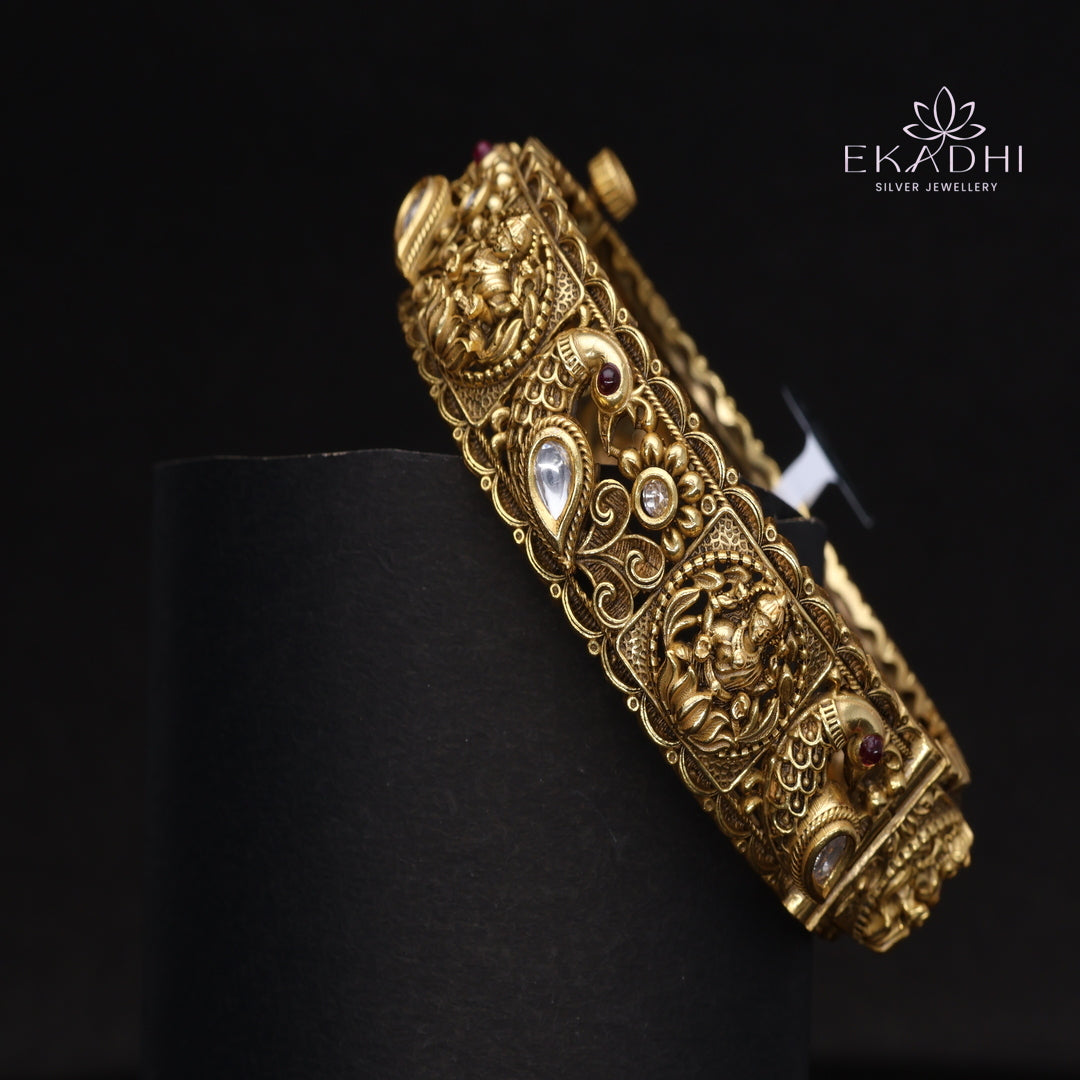 HJ15388- Nakshi CZ Silver Bangle with Traditional Motifs