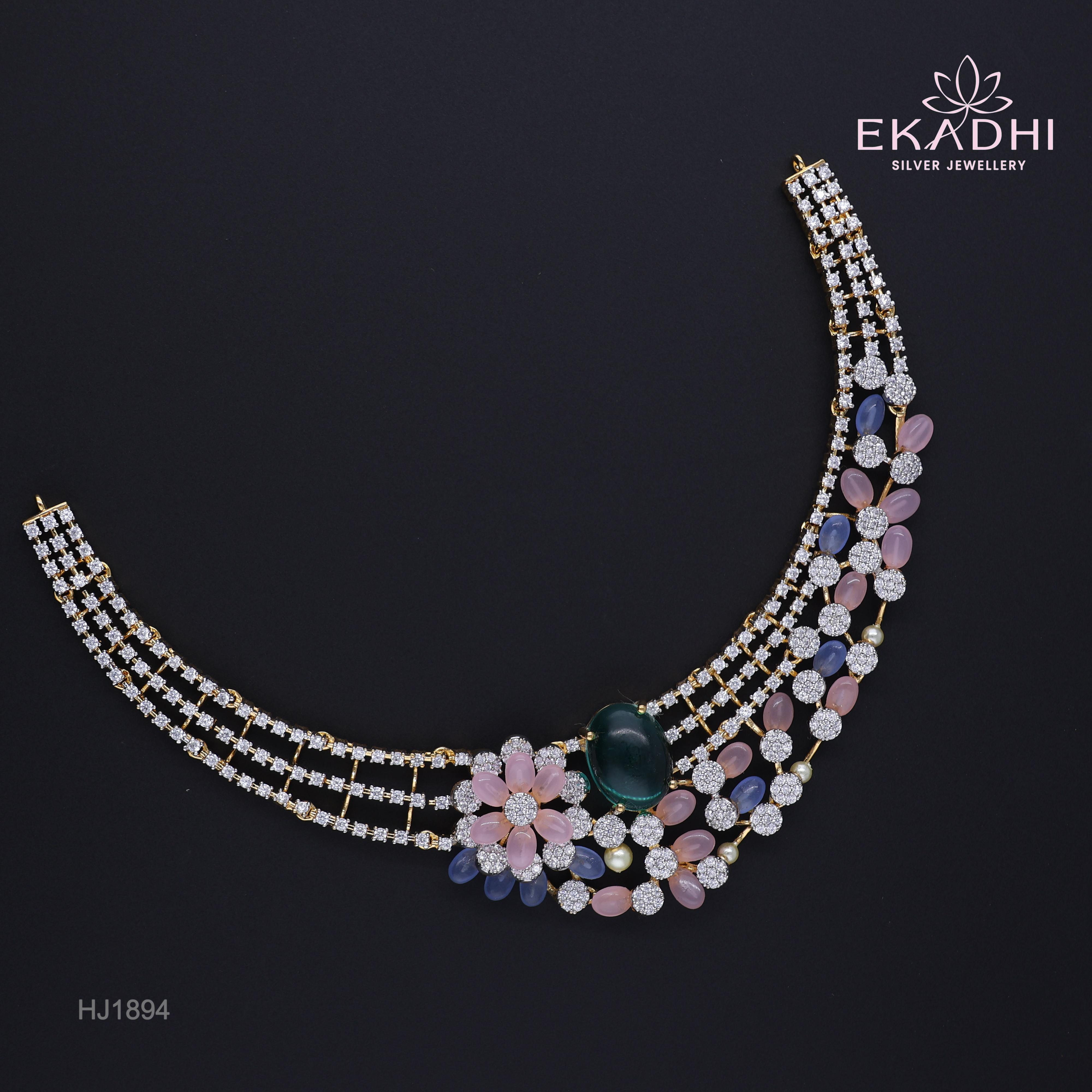 HJ1894 – Floral CZ Necklace with Colourful Stones in Pure Silver