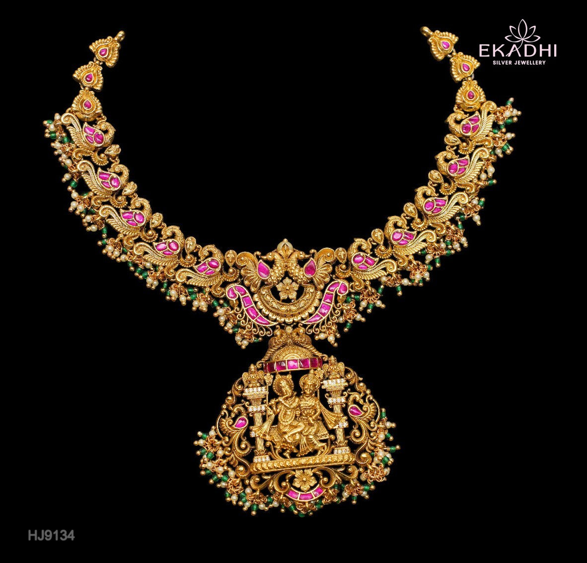 HJ1934 – Handcrafted ULW Nakshi Necklace Featuring Kundan and Radha-Krishna Design