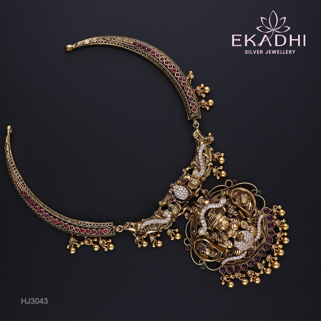 HJ3043 – Nakshi Kundan CZ Hasli Necklace with Temple Design atara Pendant in Pure Silver