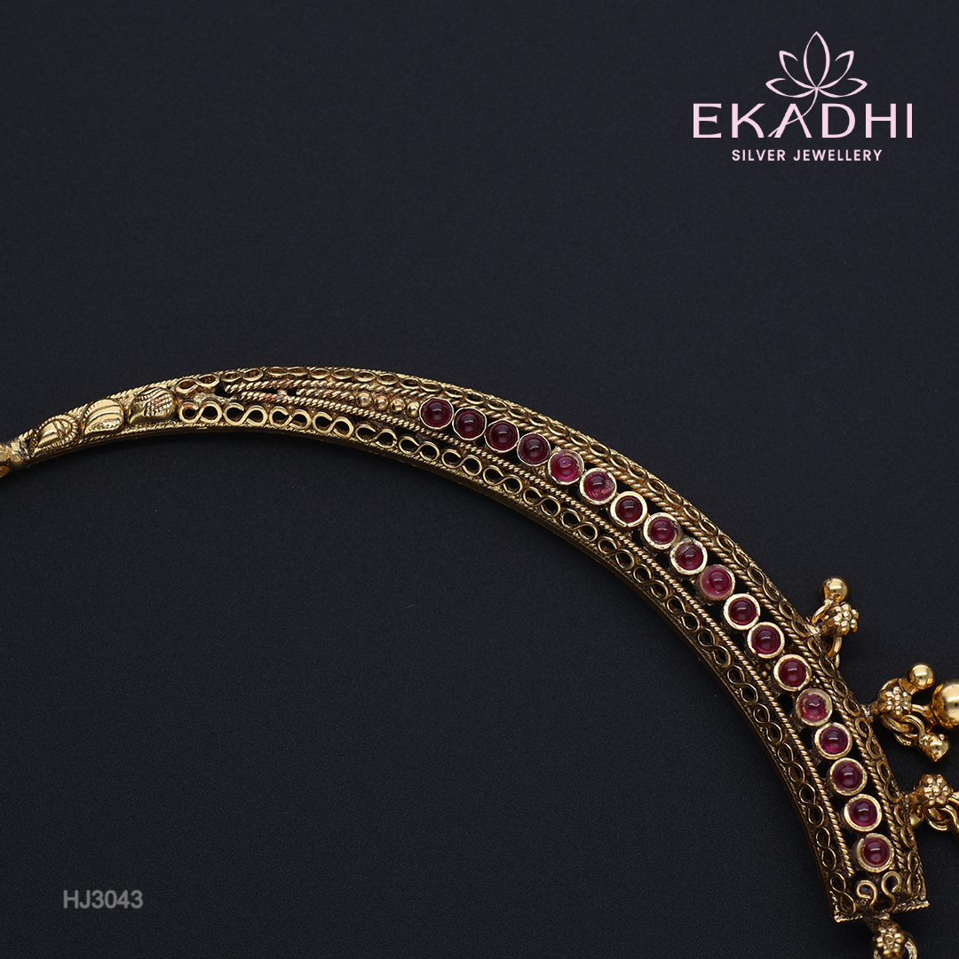 HJ3043 – Nakshi Kundan CZ Hasli Necklace with Temple Design atara Pendant in Pure Silver