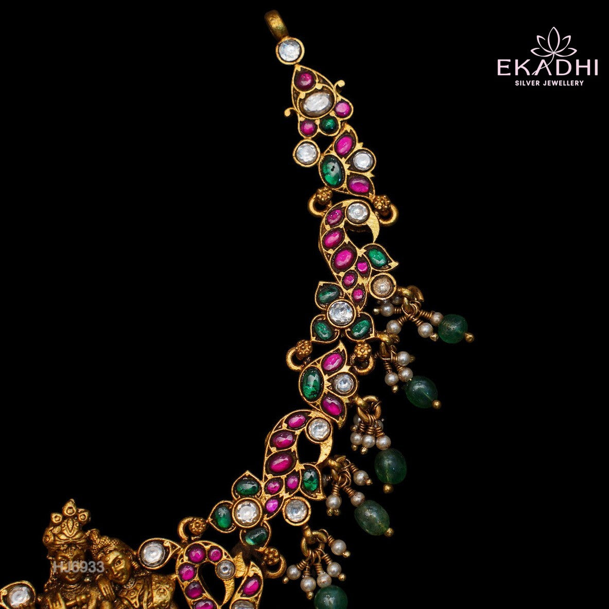 HJ6933 - Nakshi Kundan Temple Necklace with Green Beads