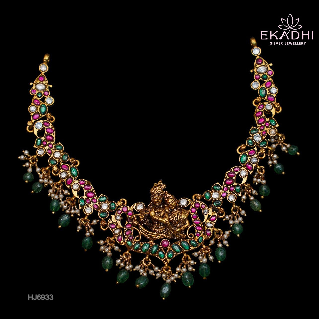 HJ6933 - Nakshi Kundan Temple Necklace with Green Beads