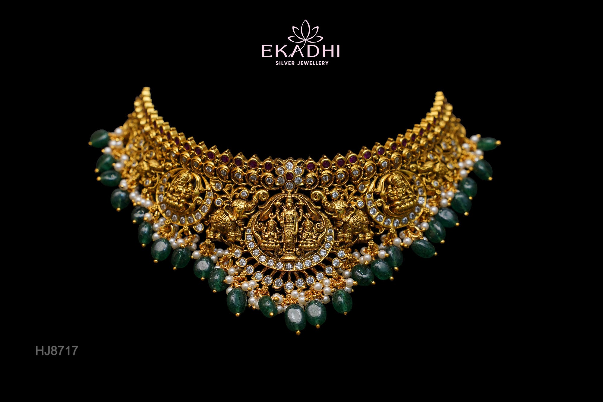HJ8717 – Nakshi CZ Bridal Choker Green Beads