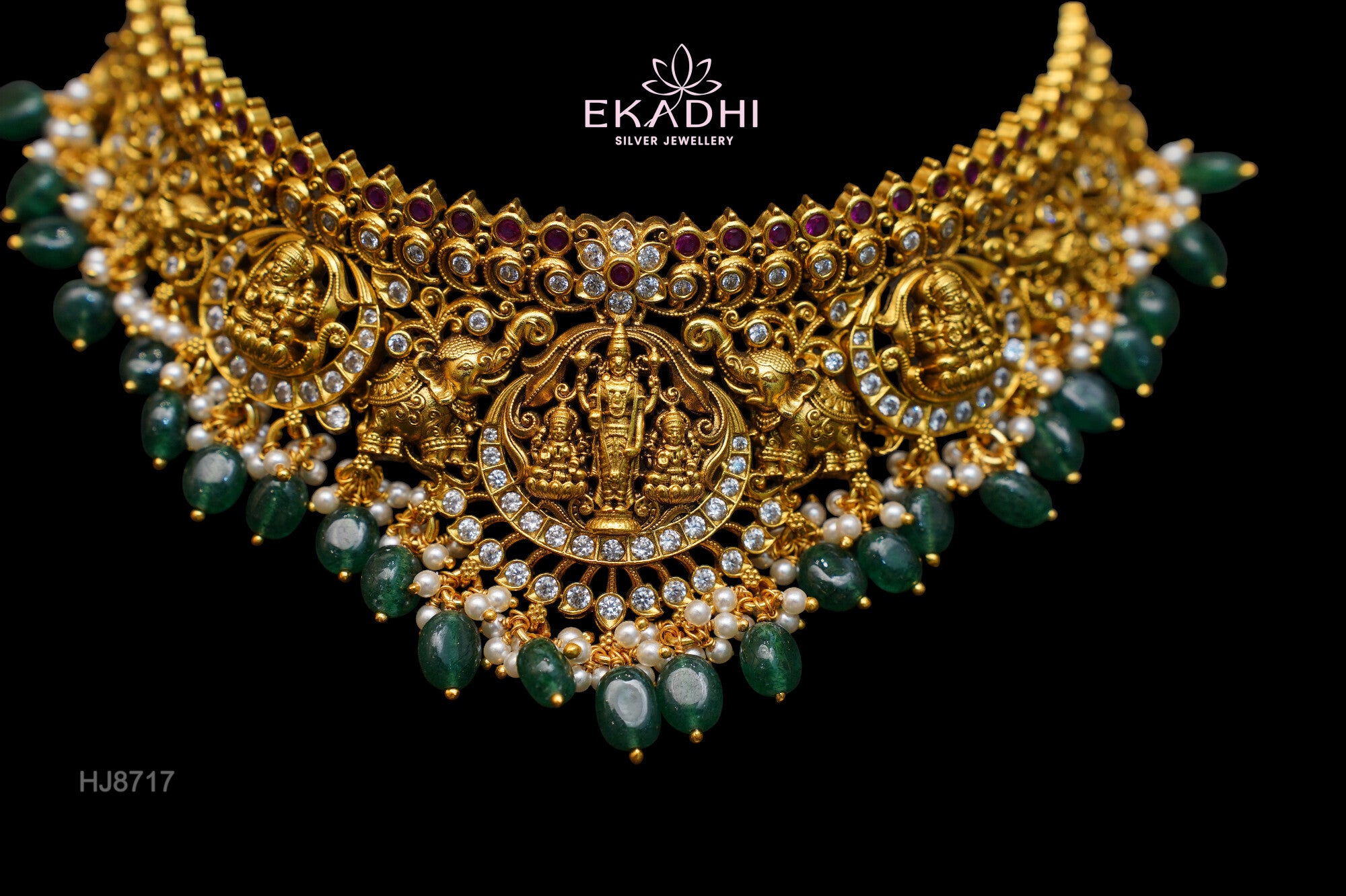 HJ8717 – Nakshi CZ Bridal Choker Green Beads