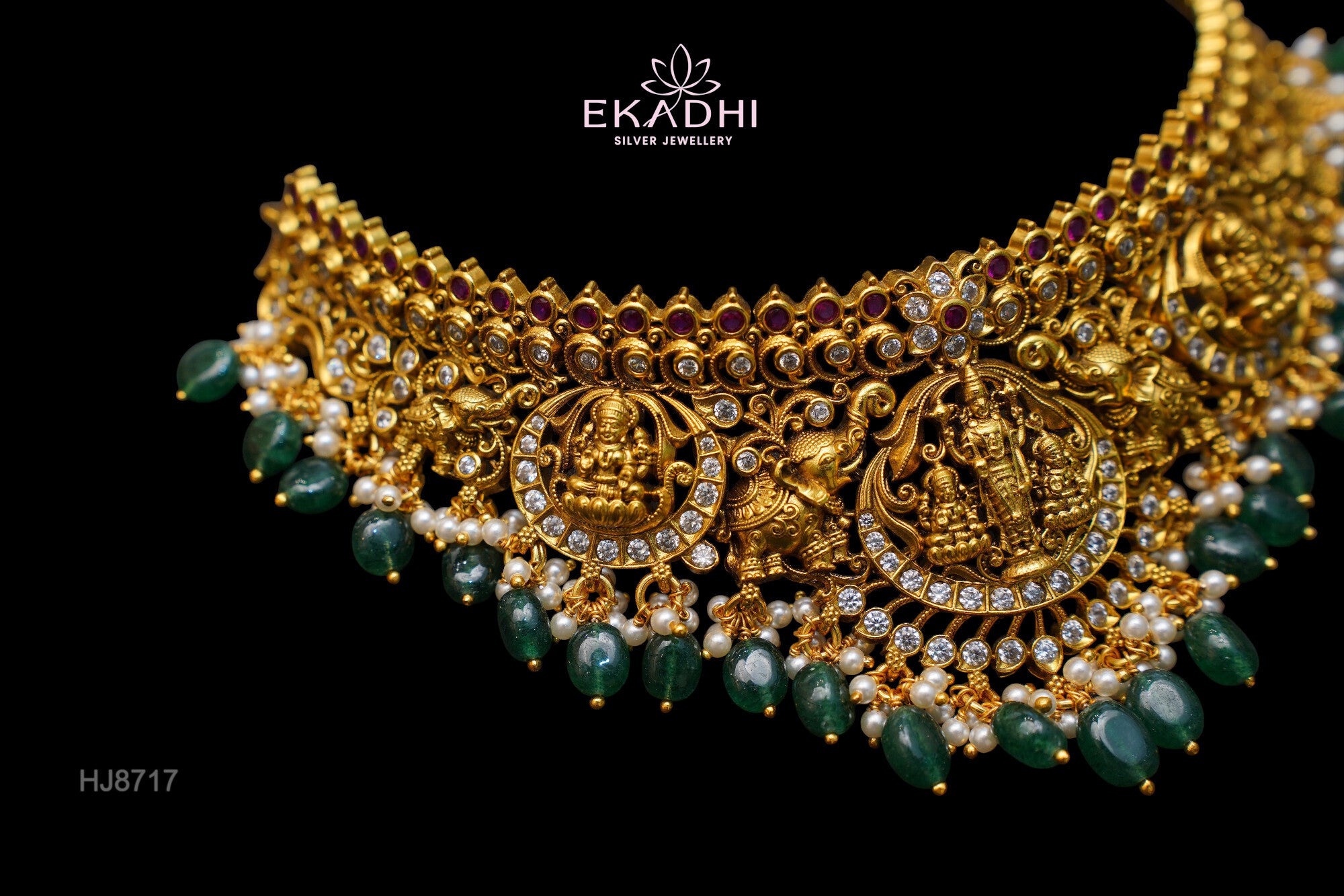 HJ8717 – Nakshi CZ Bridal Choker Green Beads