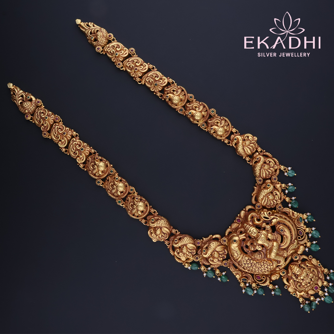 HJ9657 – Nakshi Temple Haram with Green Bead Accents