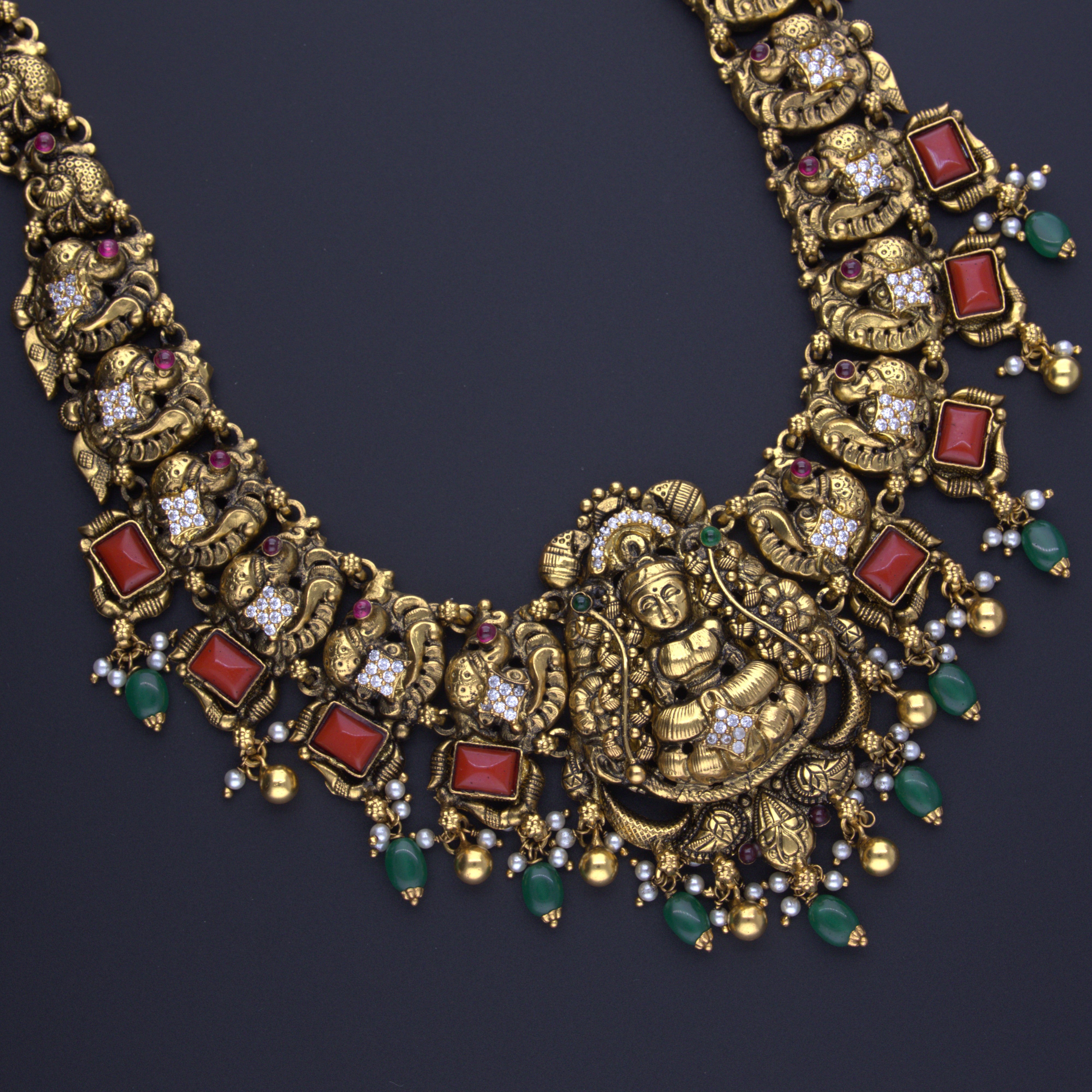 HJ9667 – Temple Jewellery with Red and Green Beads