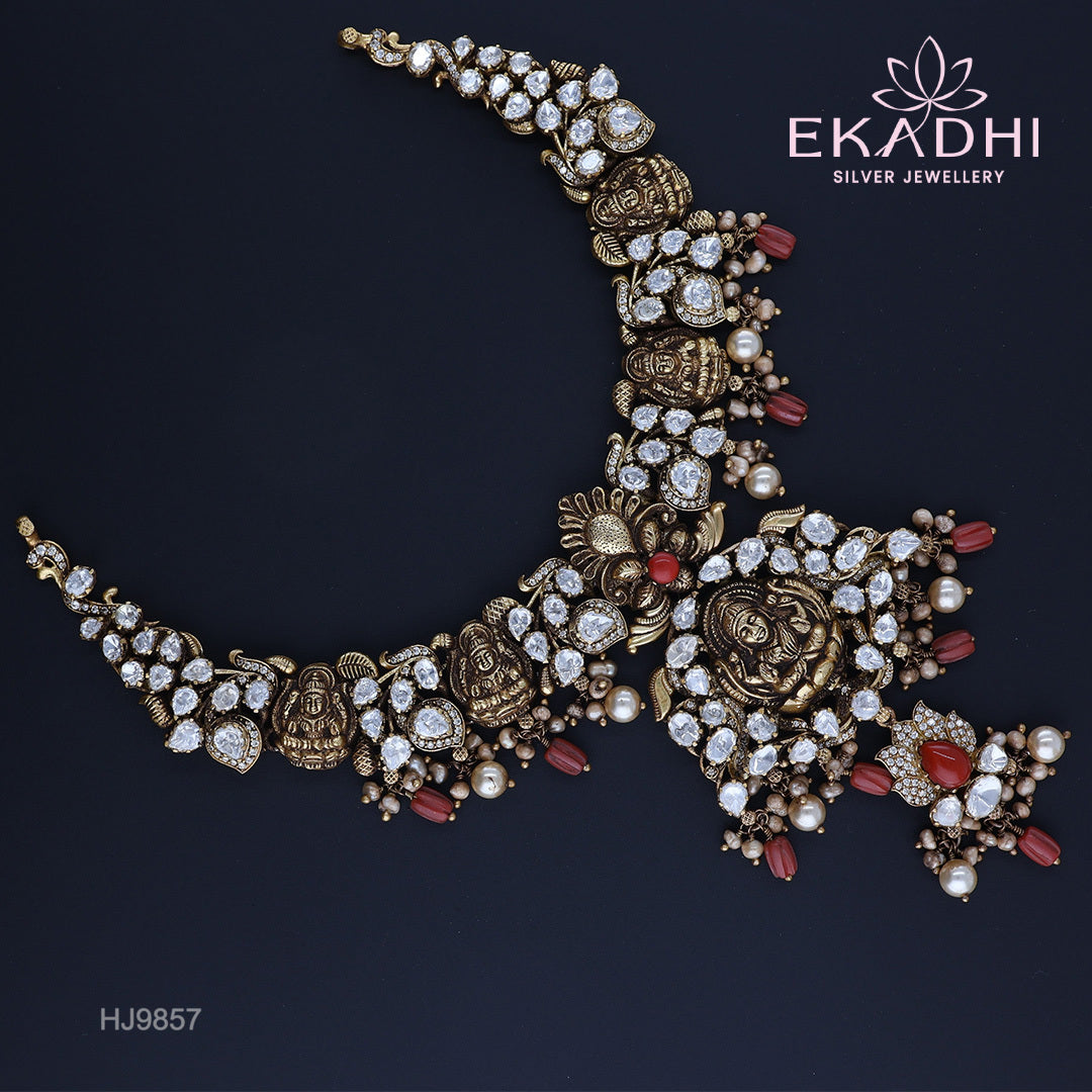 HJ9857 –  Moissanite Temple Jewellery Necklace with Red Beads