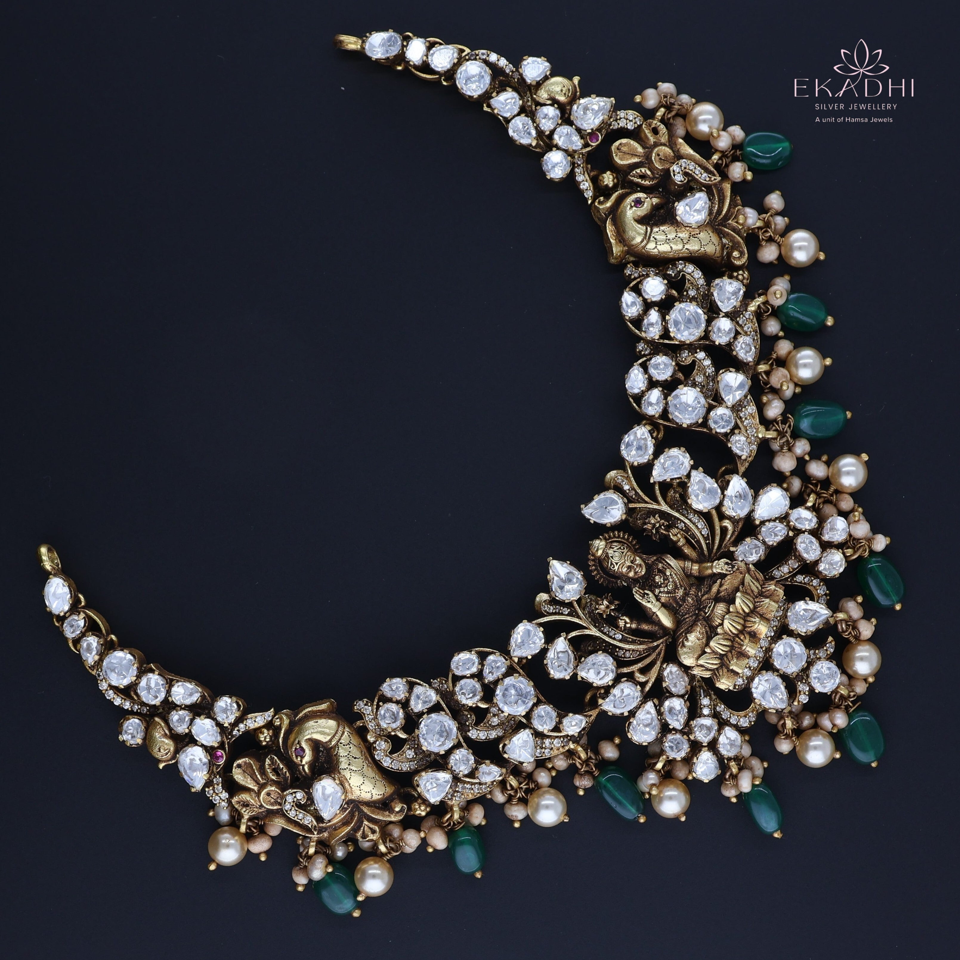 HJ9856 – Temple Jewellery Necklace with Green Beads and Mossianite