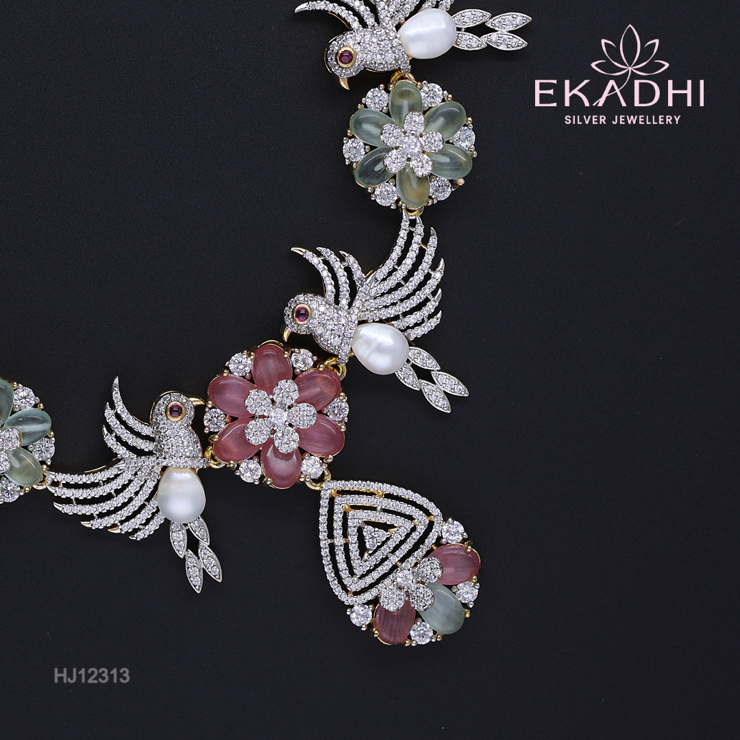 HJ12313 – Colour Stone Necklace with Birds & Flowers Design