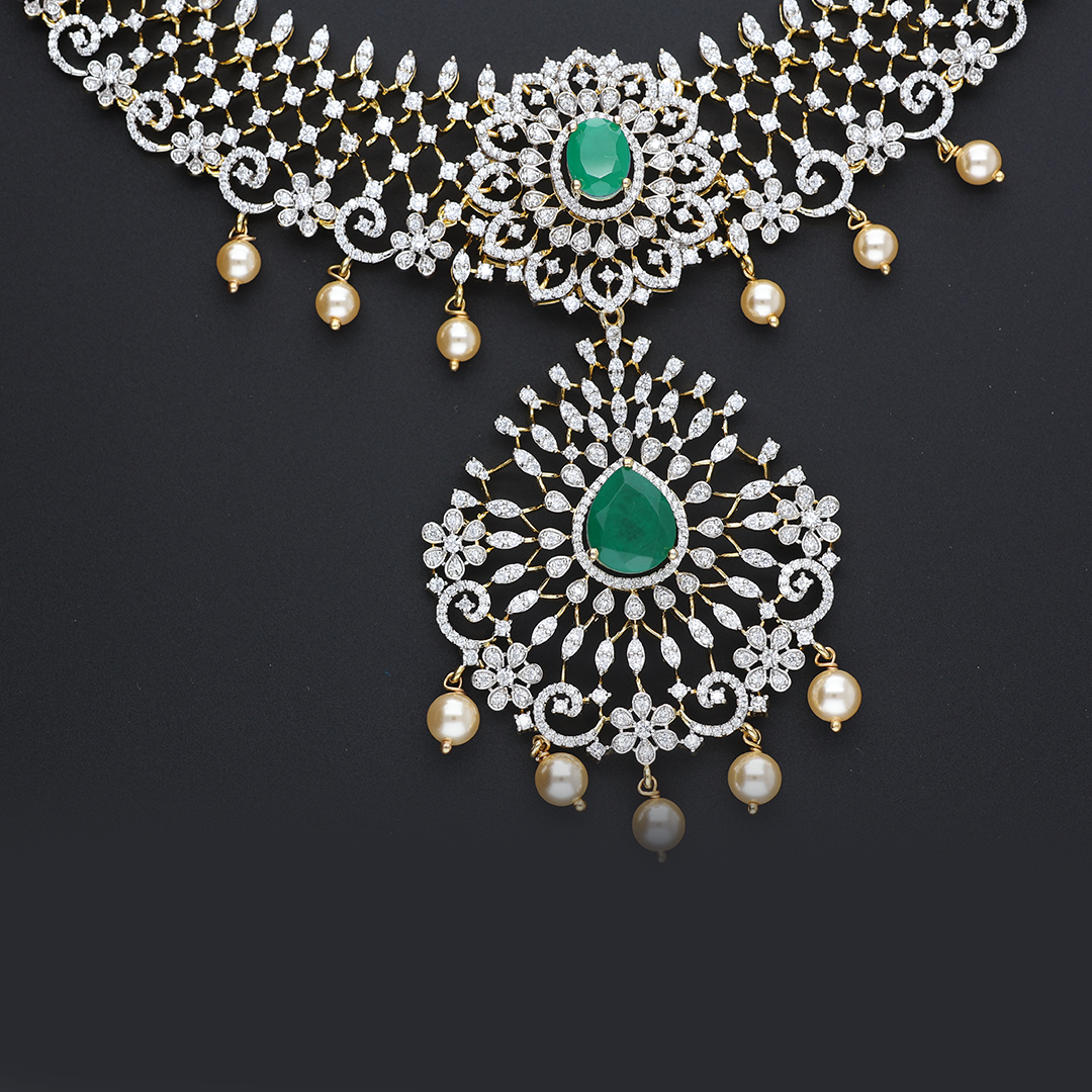 HJ13046 – Silver CZ Necklace with Emerald Highlights