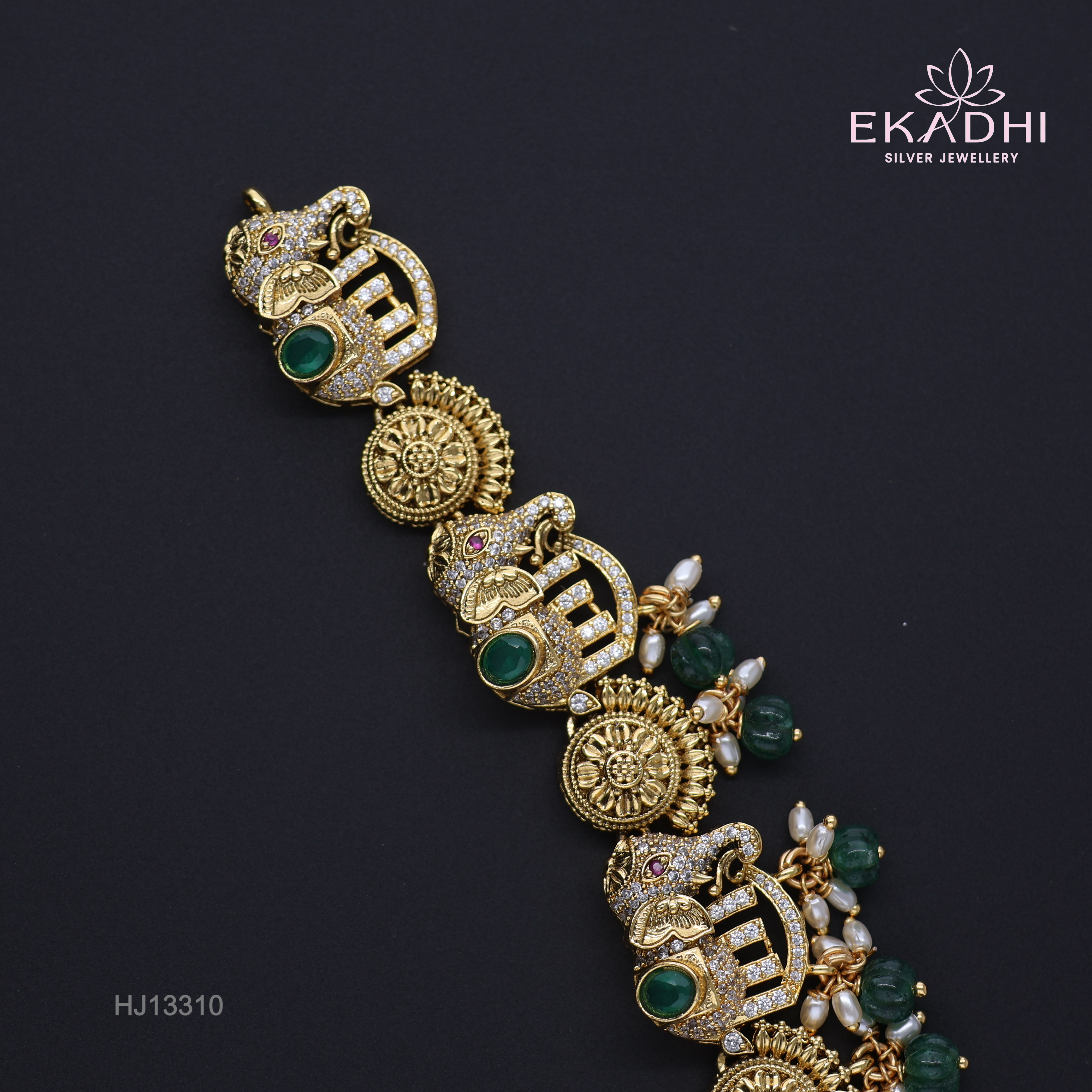 HJ13310 – Nakshi CZ Necklace with Ganesha Pendant & Emerald Accents