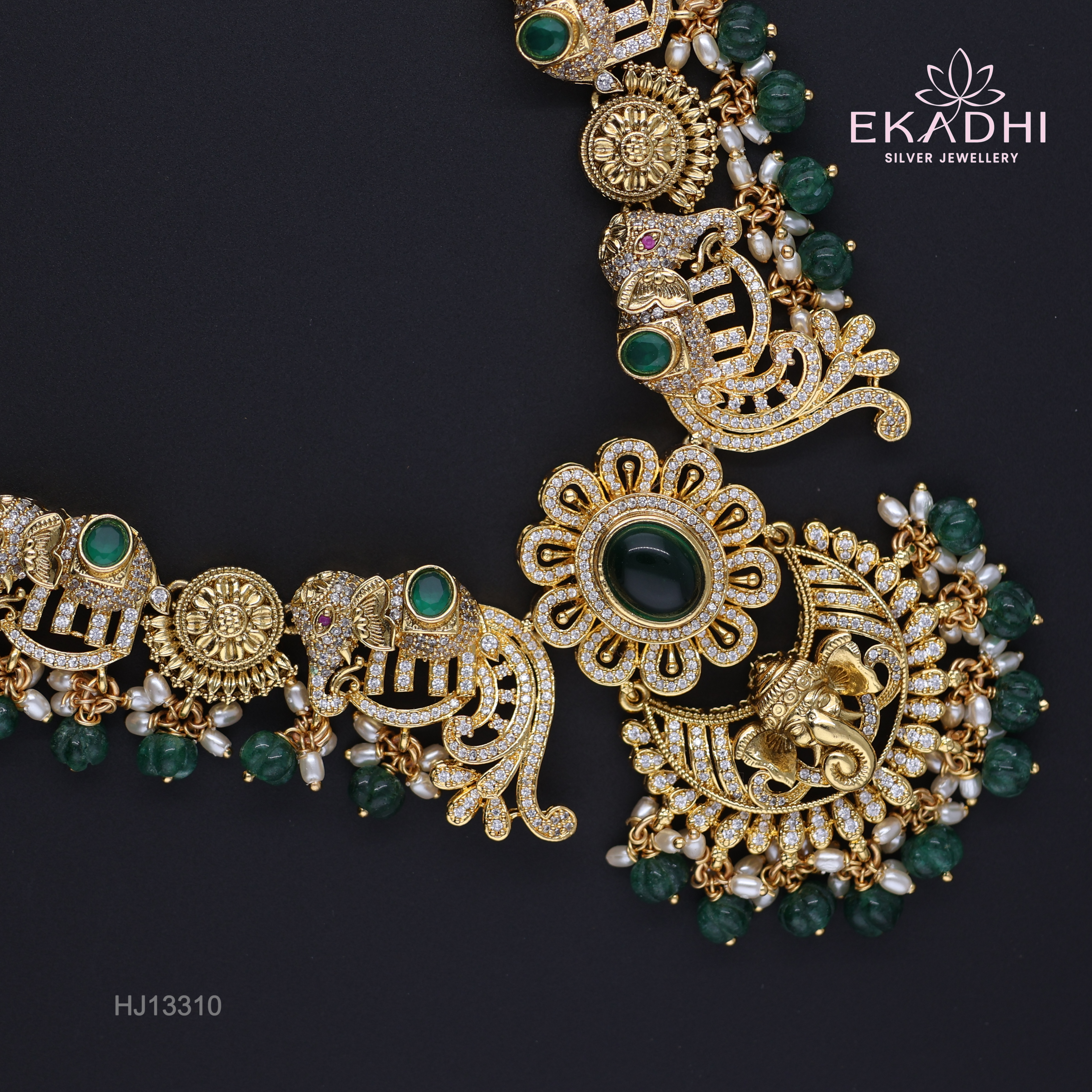 HJ13310 – Nakshi CZ Necklace with Ganesha Pendant & Emerald Accents