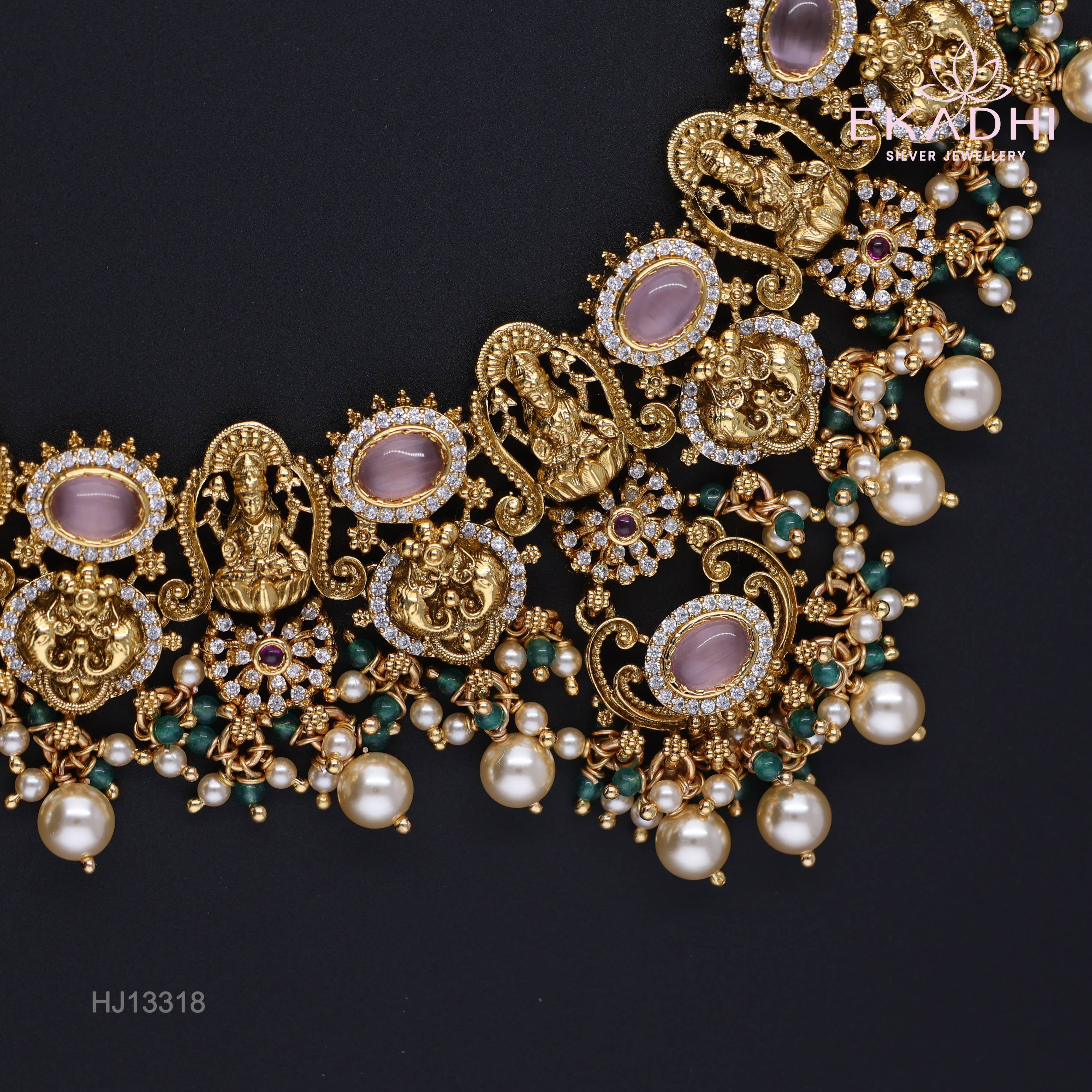 HJ13318 – Nakshi CZ Necklace with Rich Temple Motifs