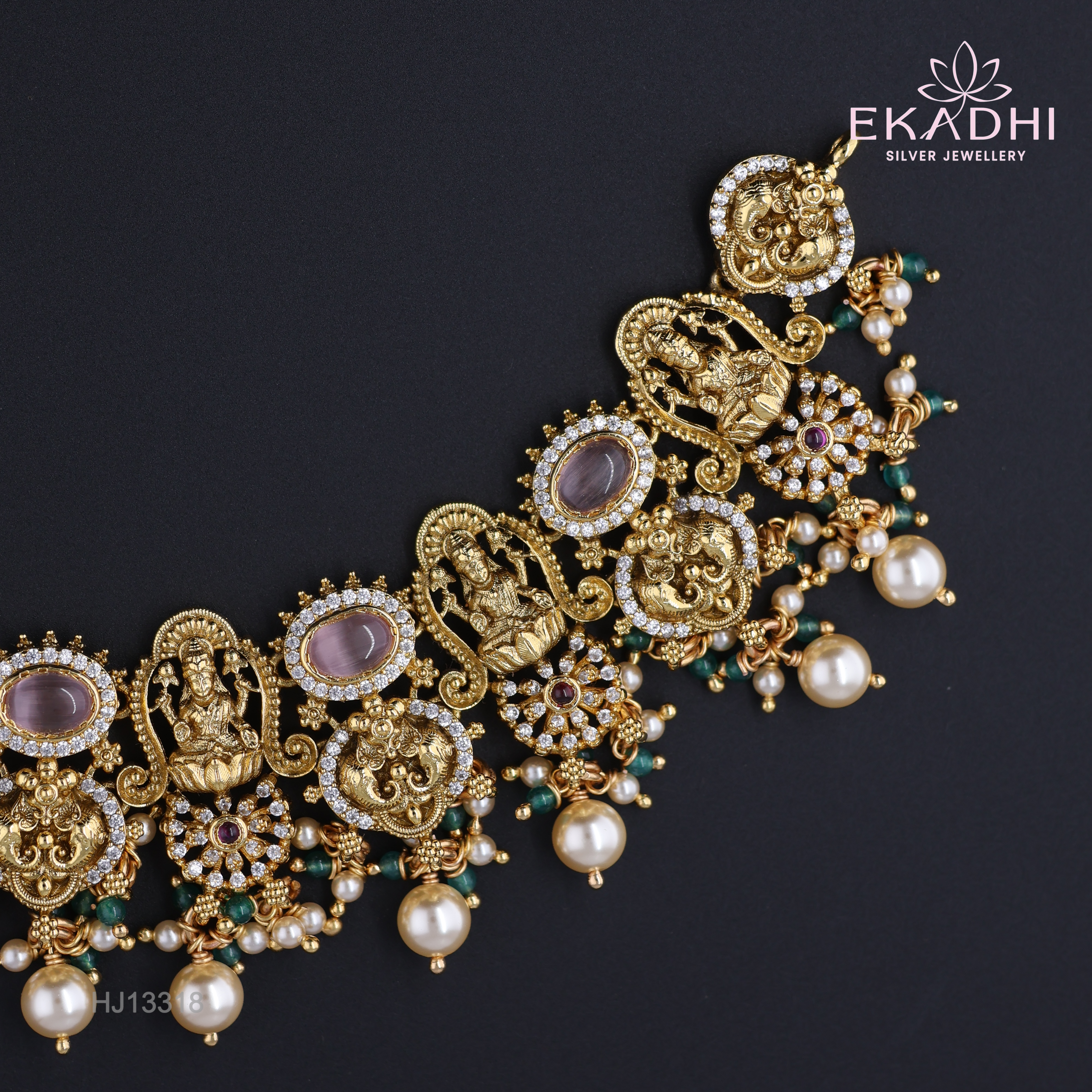 HJ13318 – Nakshi CZ Necklace with Rich Temple Motifs