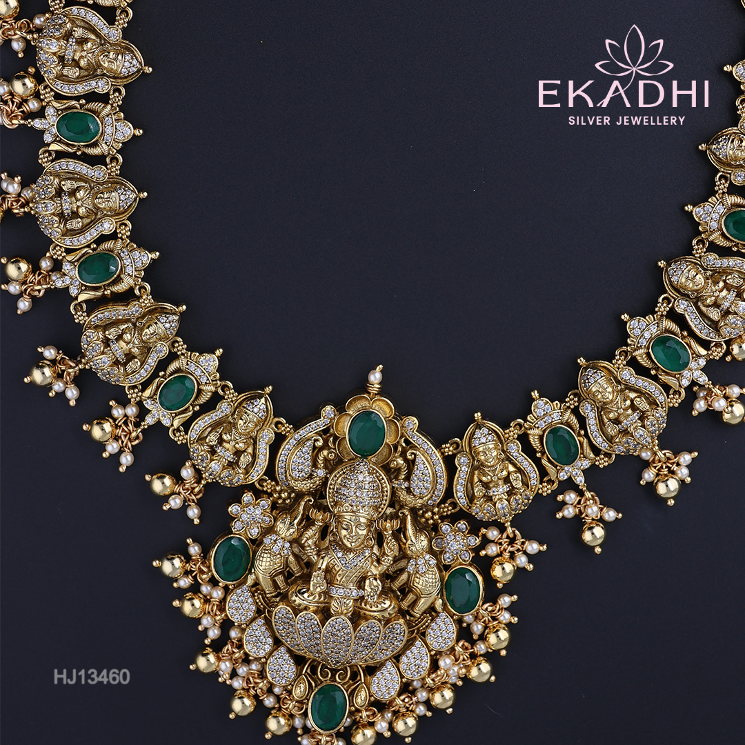HJ13460 – Nakshi Ultra-Lightweight Temple Haram with Emerald Accents