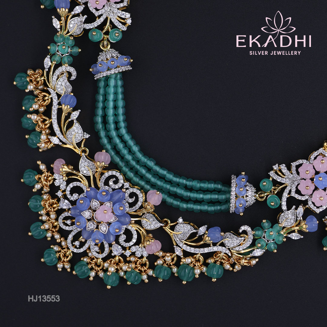 HJ13553 – Colour Stone Necklace with Unique Beaded Chain Design