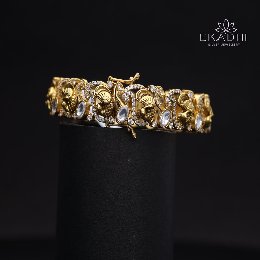 HJ13698 -  Nakshi CZ Silver Bangle with Traditional Motifs