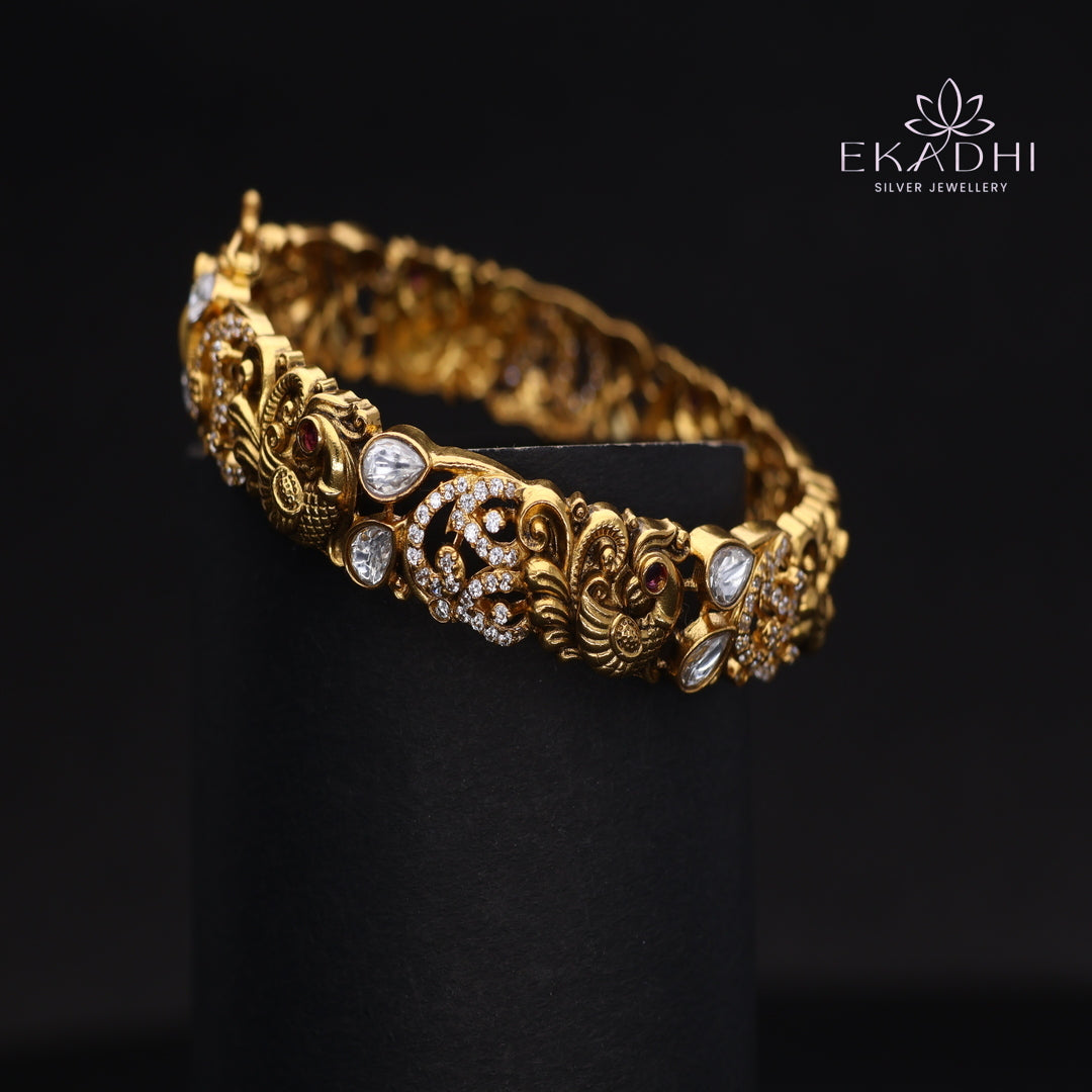 HJ13699 - Nakshi CZ Silver Bangle with Traditional Motifs