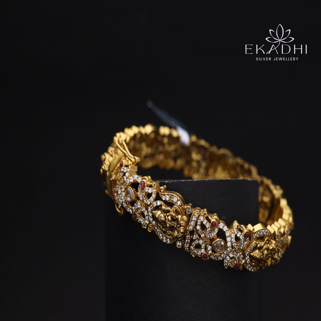 HJ13702 - Nakshi CZ Silver Bangle with Traditional Motifs