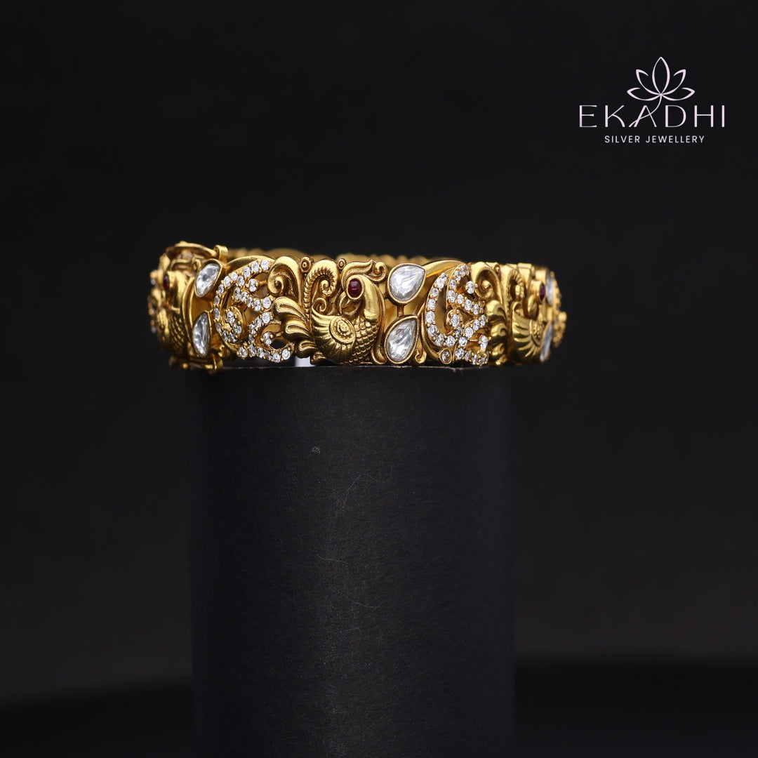 HJ13704 - Nakshi CZ Silver Bangle with Traditional Motifs