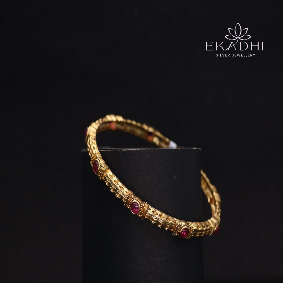 HJ13729- Nakshi CZ Silver Bangle with Traditional Motifs
