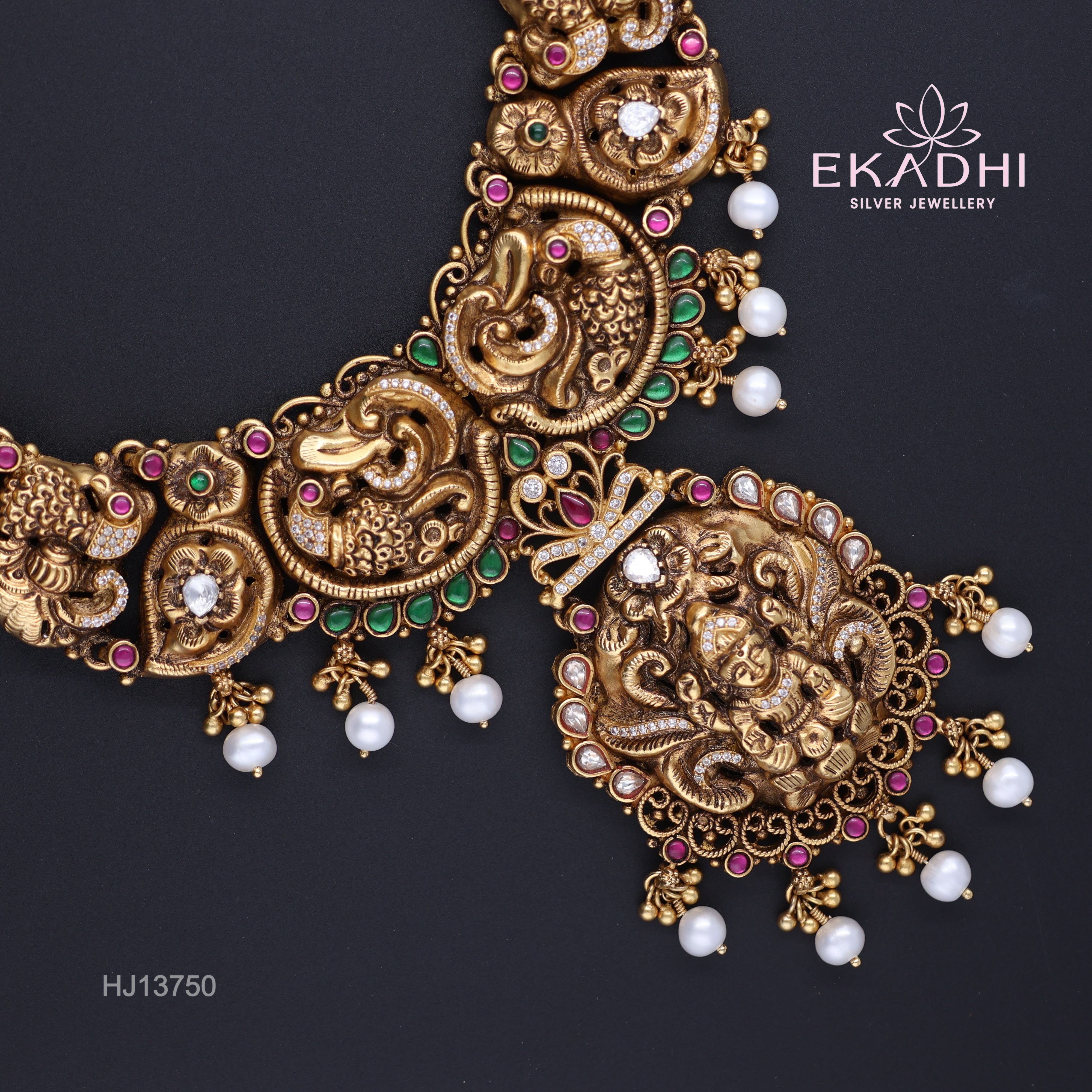 HJ13750 – Nakshi CZ Necklace with Temple Design & White Bead Accents