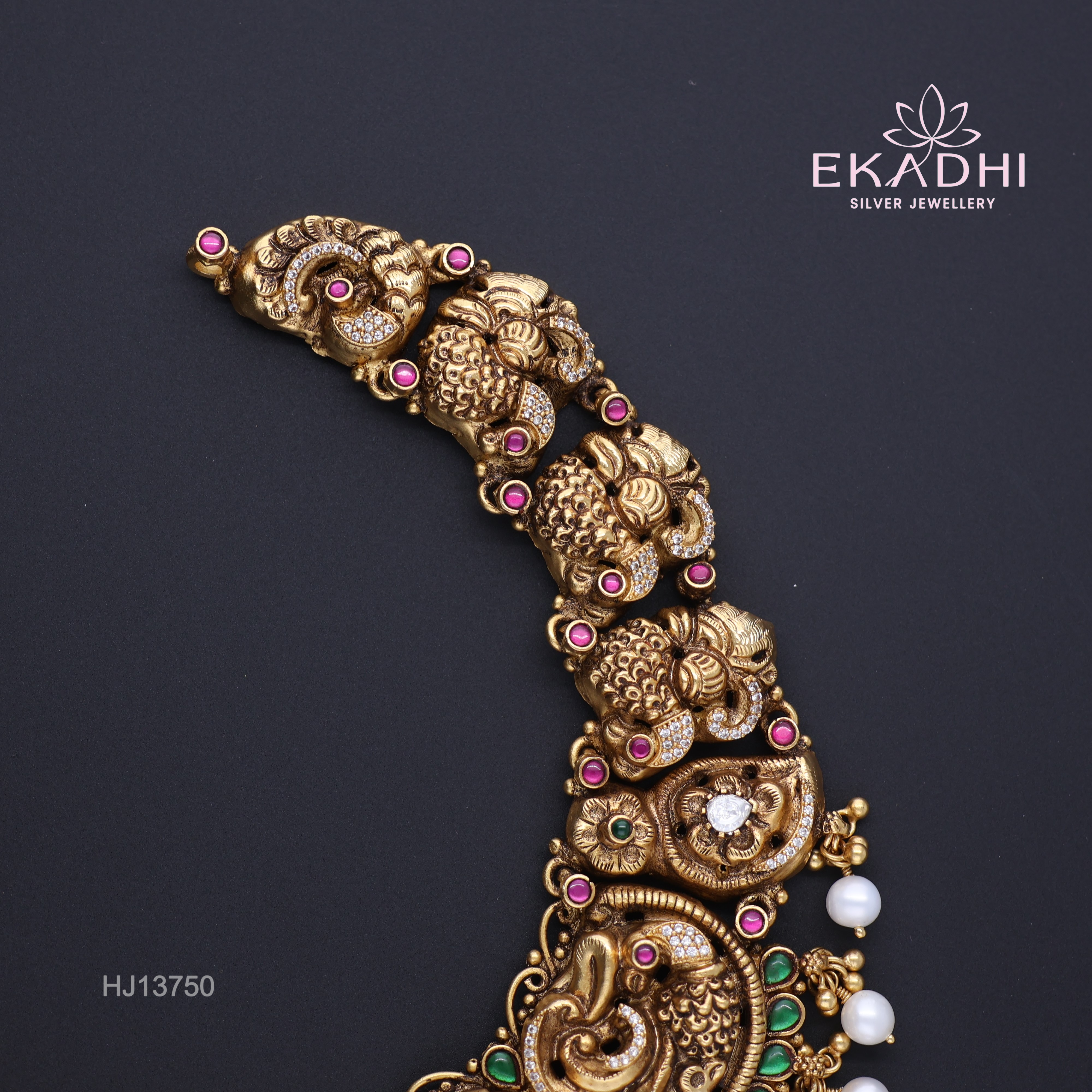 HJ13750 – Nakshi CZ Necklace with Temple Design & White Bead Accents