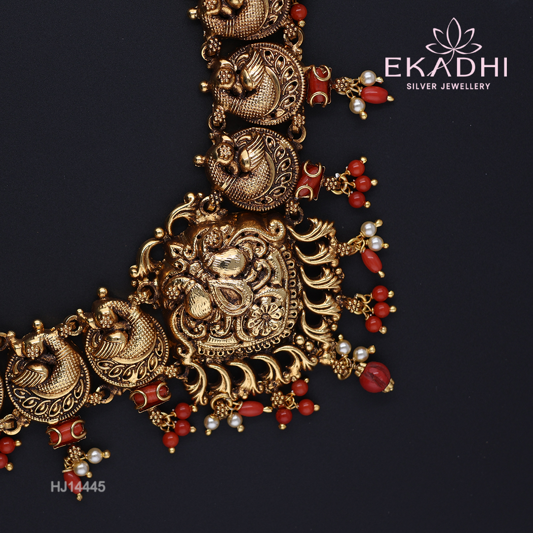 HJ14445 – Nakshi Necklace with Temple Motifs, Red Beads & Hamsa