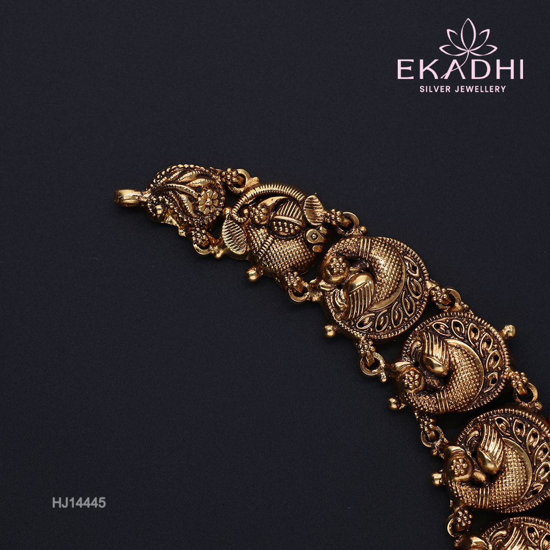 HJ14445 – Nakshi Necklace with Temple Motifs, Red Beads & Hamsa