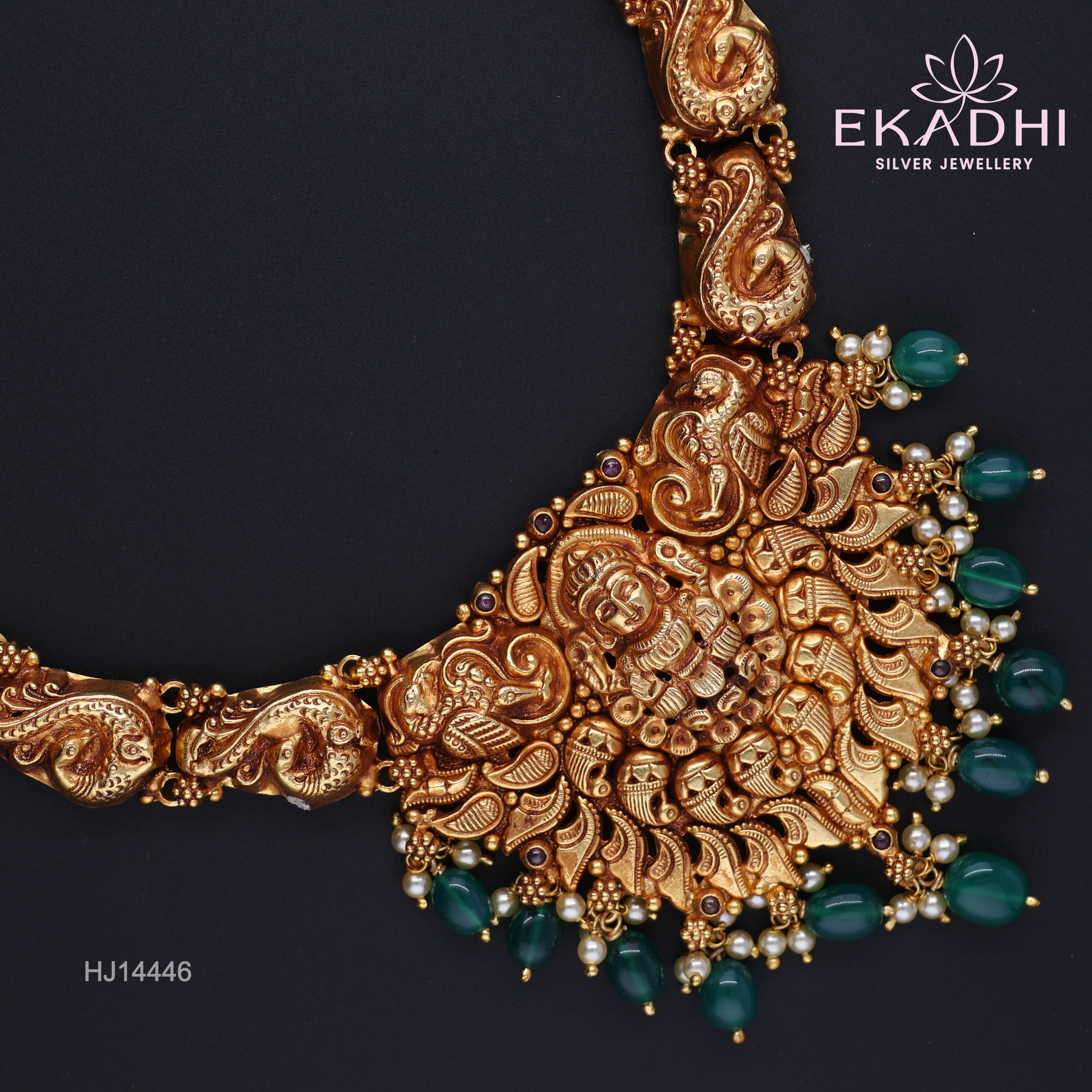 HJ14446 – Nakshi Necklace in Temple Style with Green Beads