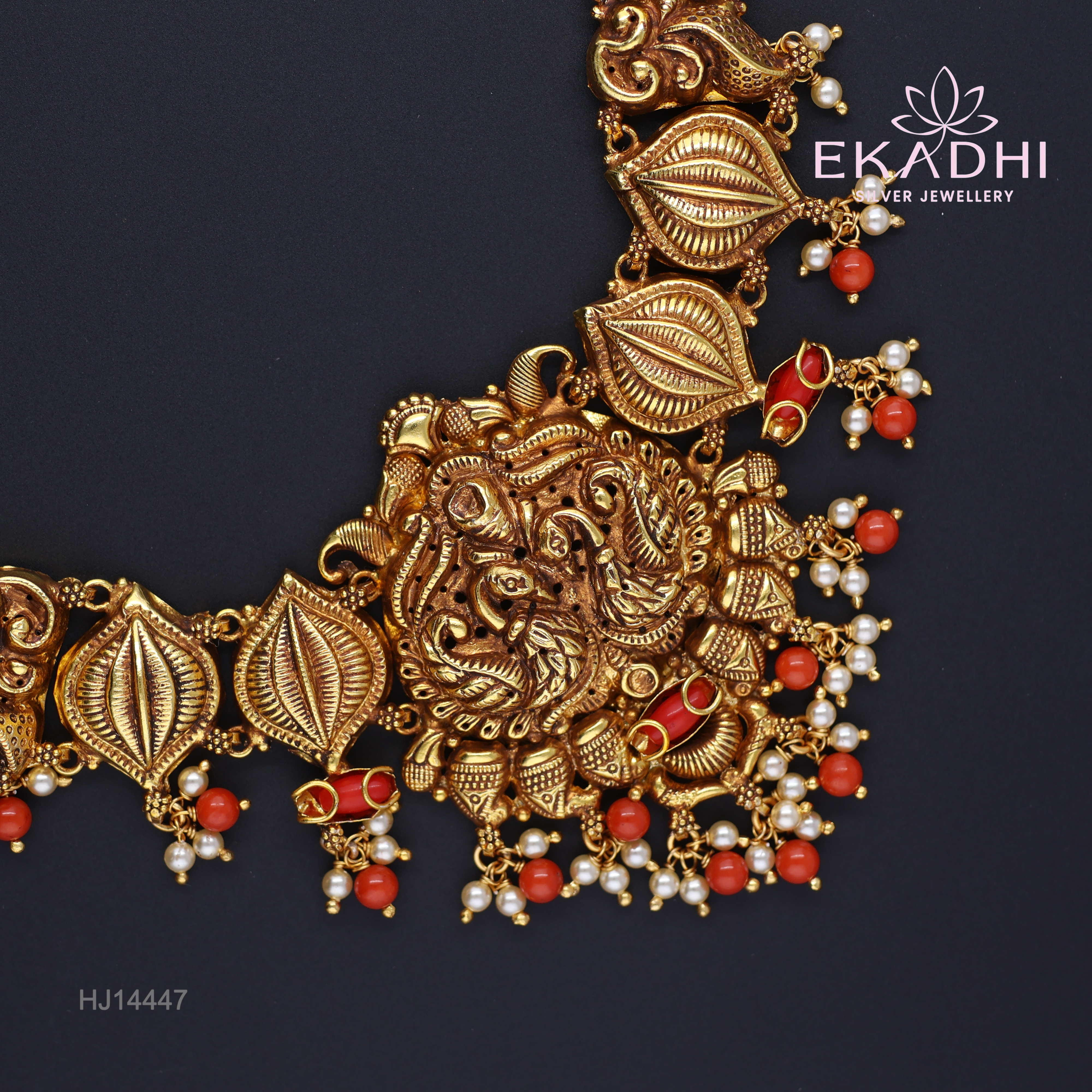HJ14447 – Nakshi Necklace with Peacock Pendant & Red Beads