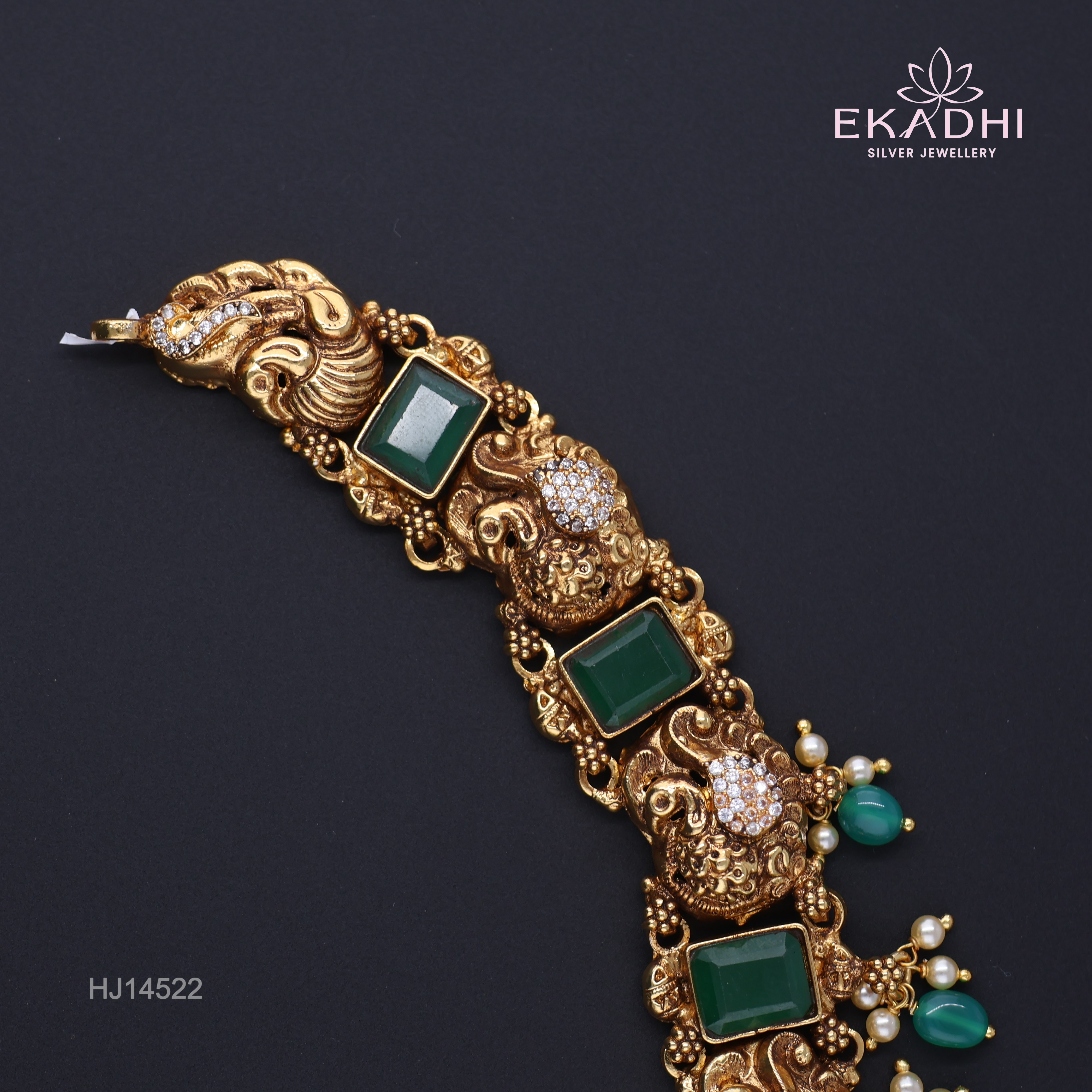 HJ14522 – Nakshi CZ Necklace with Emerald Stones & Green Beads