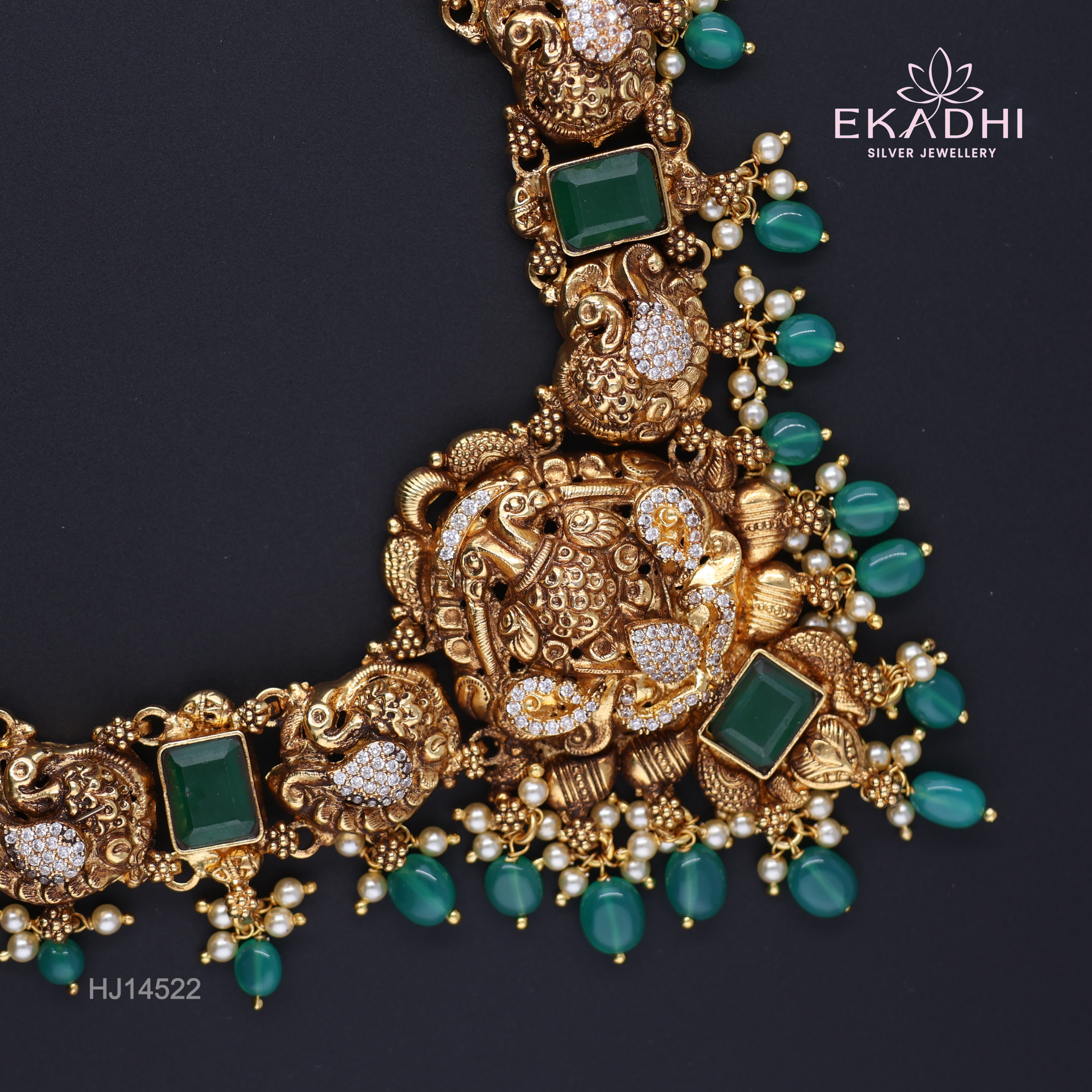 HJ14522 – Nakshi CZ Necklace with Emerald Stones & Green Beads