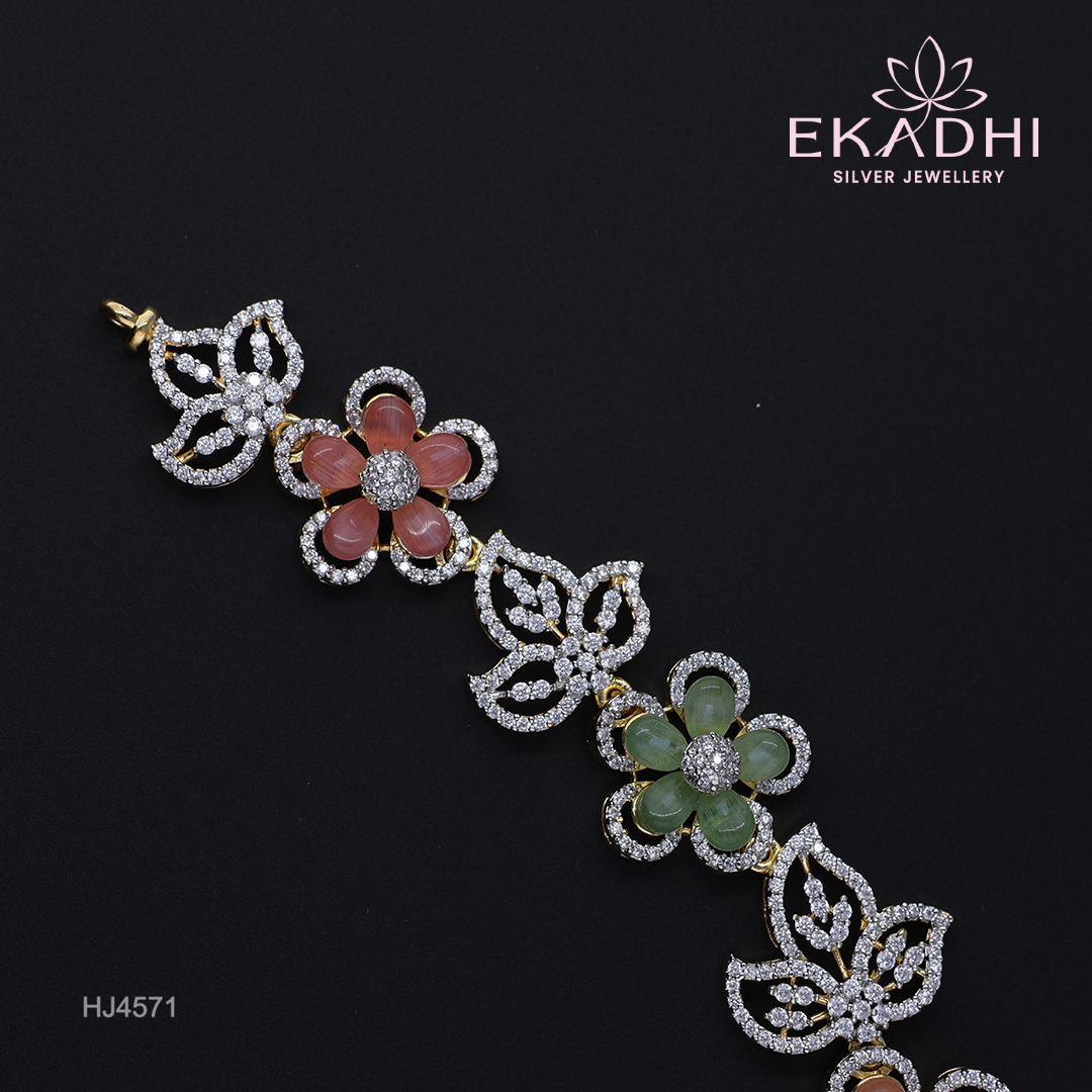 HJ14571 – Colour Stone Necklace with Pink-Green Blooms & Silver Leafs