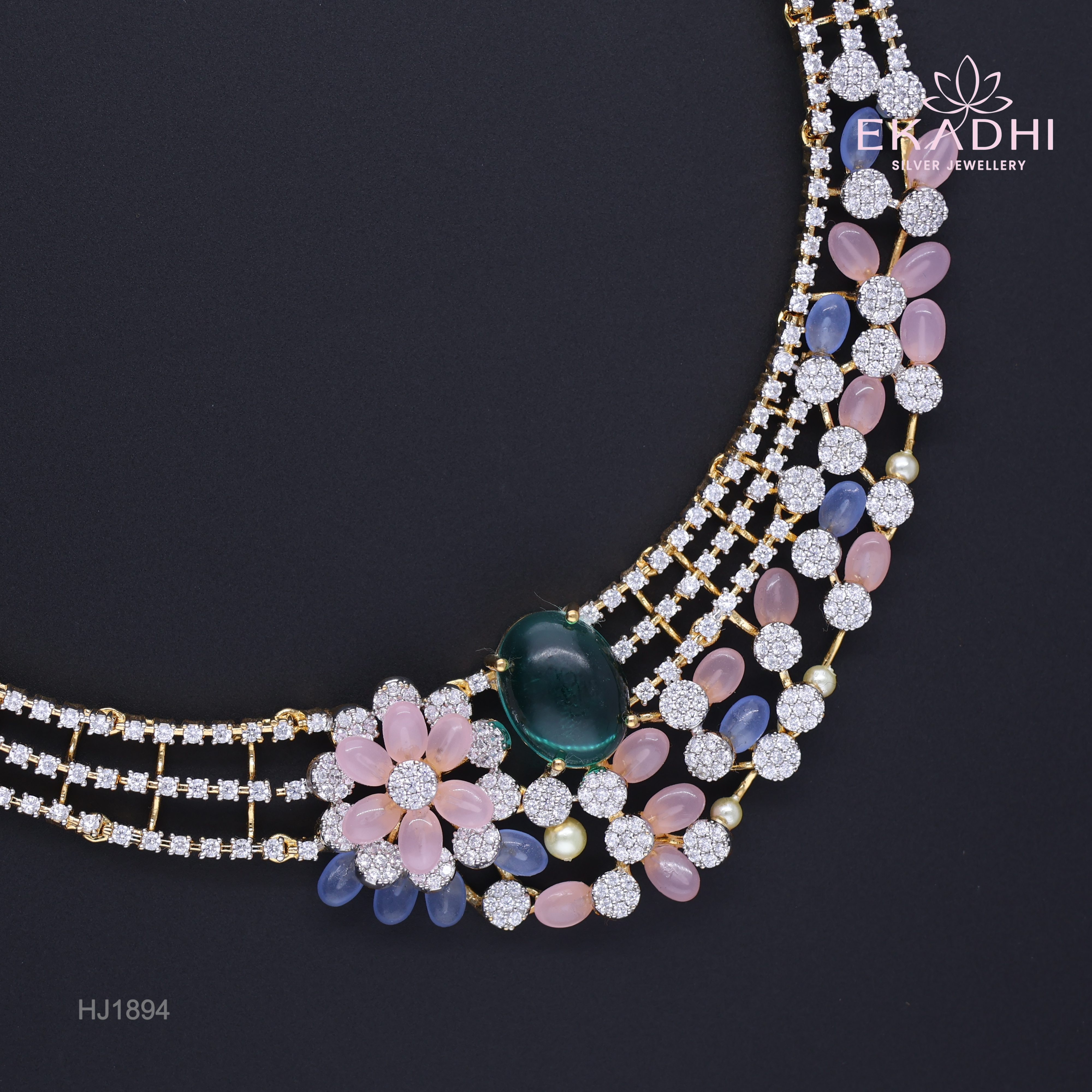 HJ1894 – Floral CZ Necklace with Colourful Stones in Pure Silver