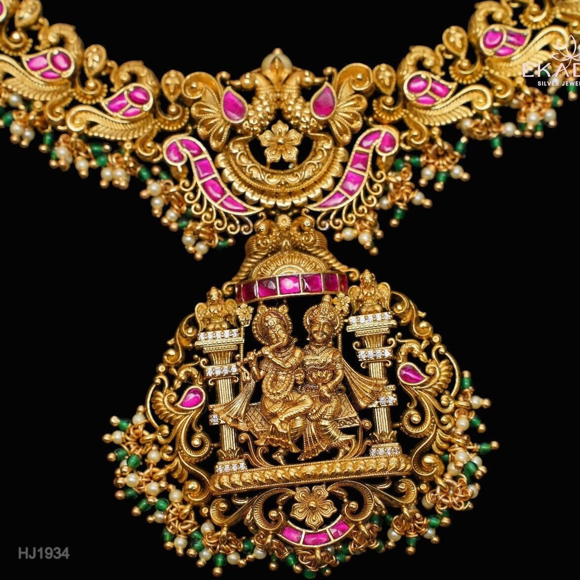 HJ1934 – Handcrafted ULW Nakshi Necklace Featuring Kundan and Radha-Krishna Design