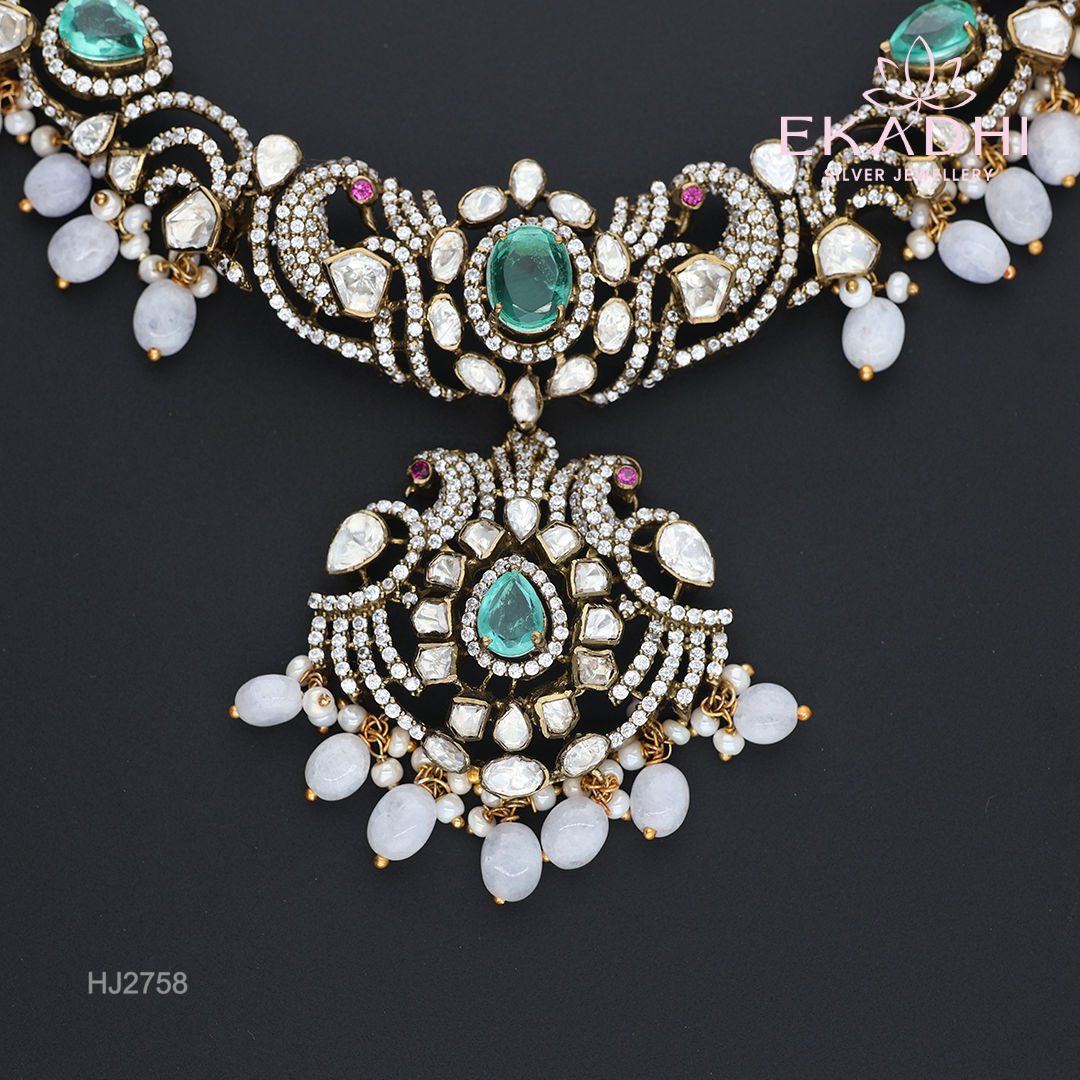 HJ2758 – Victorian Necklace in Metallic Finish with White Beads