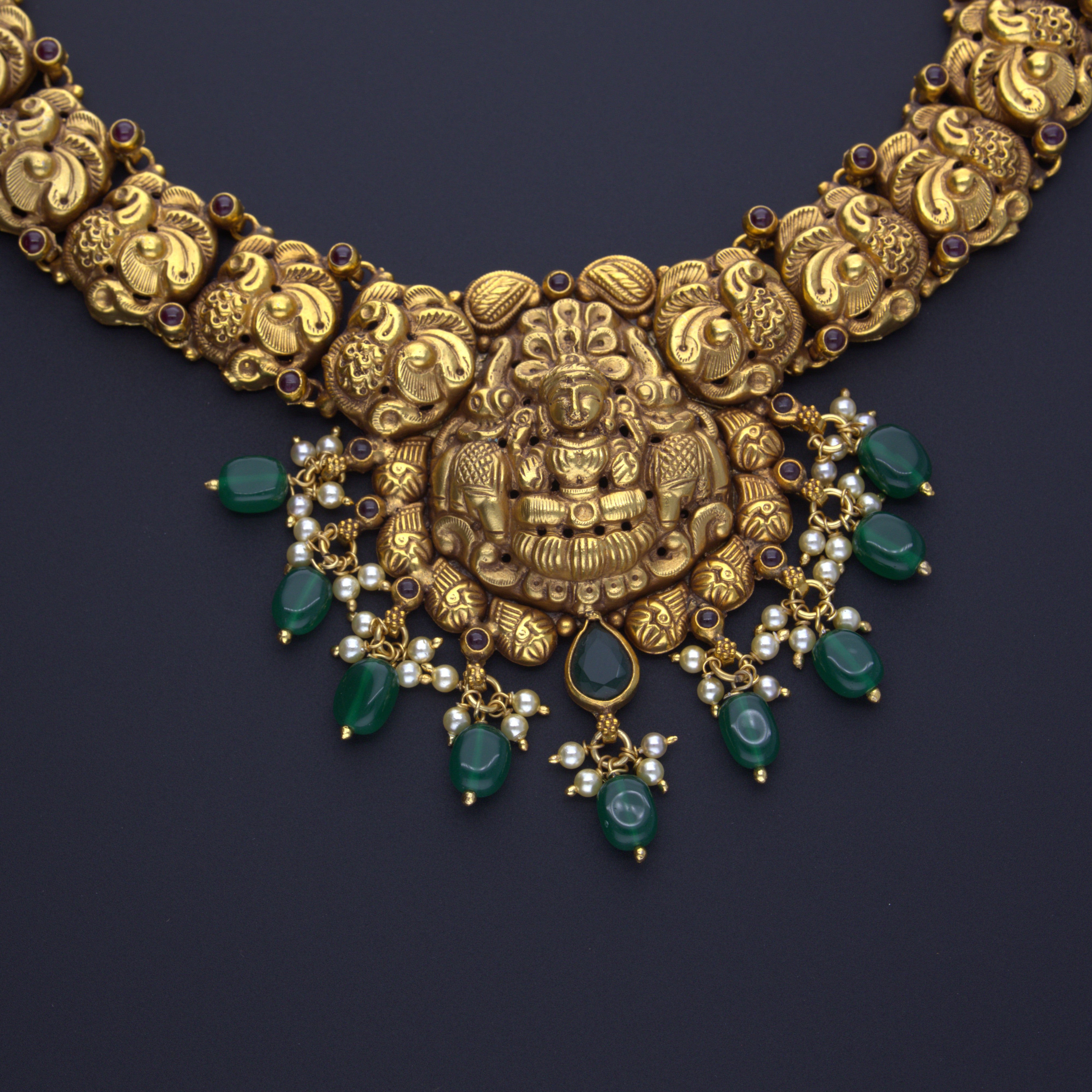 HJ3627 – Temple Nakshi Necklace with Green Beads