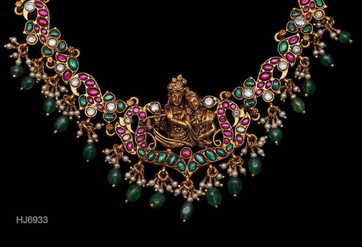 HJ6933 - Nakshi Kundan Temple Necklace with Green Beads