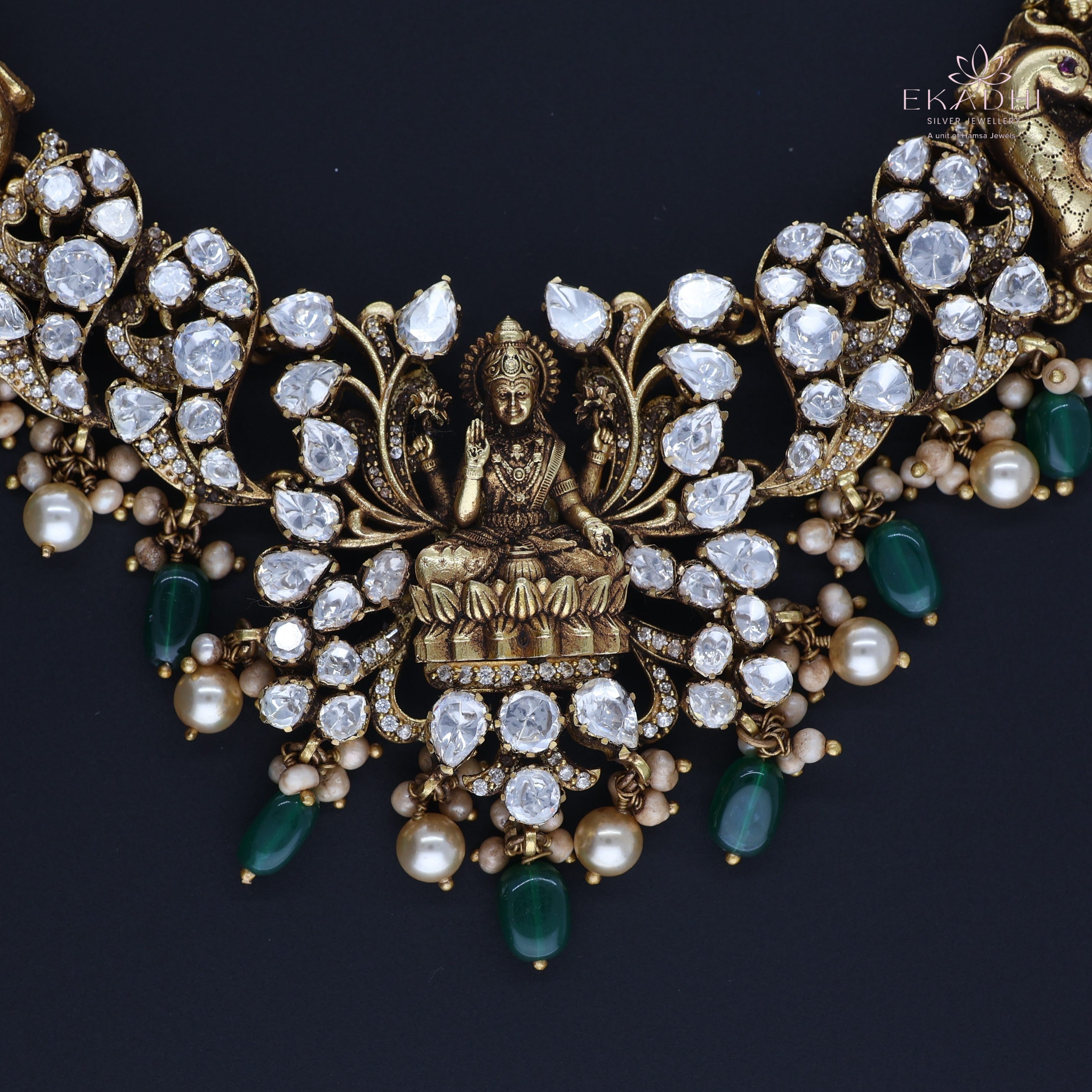 HJ9856 – Temple Jewellery Necklace with Green Beads and Mossianite